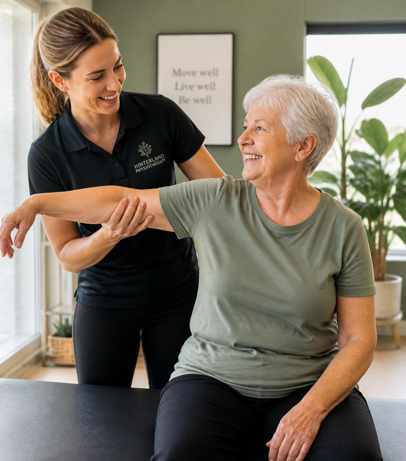 Physiotherapist supporting a client through a gentle shoulder exercise in a sunlit clinic
